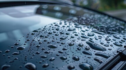 Clean car windshield with water drops after heavy rain and dew water repellent treatment. © Postproduction