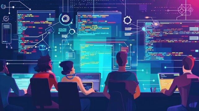 Collaborative Coding.  illustration of diverse developers working together, emphasizing teamwork in software development.