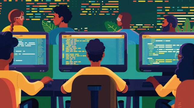 Diverse web developers coding together, with a focus on software development in a  style.