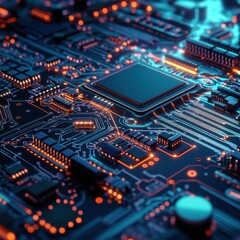 Fototapeta premium Closeup of a glowing circuit board with a processor in the center.