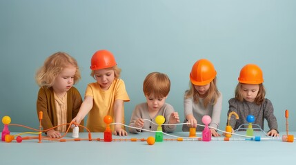 Children engaged in creative play with colorful building toys, wearing orange safety helmets, and collaborating on a project.