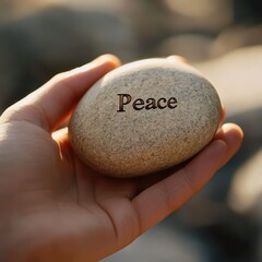 Hand Holding a Stone with the Word "Peace" Engraved on It - Symbol of Tranquility and Mindfulness