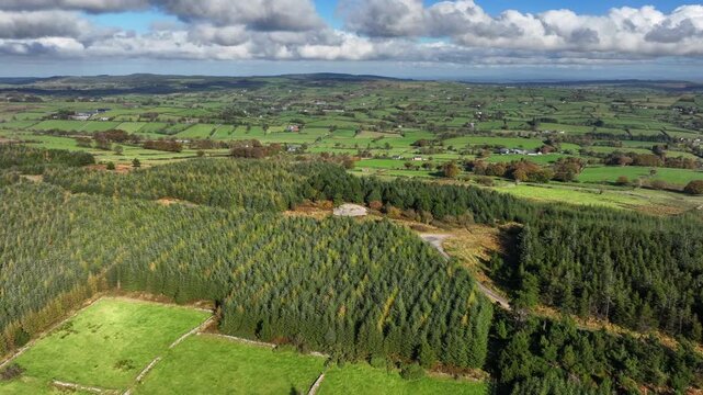 Mullyash Kerbed Cairn, County Monaghan, Ireland, November 2022. Drone gradually descends from high in the sky above clean cut planted forest towards a Neolithic National Monument hidden from farmland.