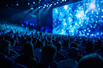 A Silhouetted Audience Watching a Presentation with Blue Lights