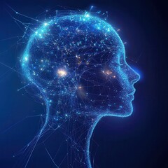 Fototapeta premium Abstract Digital Human Head Profile with Glowing Lines and Points, AI, Futuristic, Network, Connection, Technology Concept
