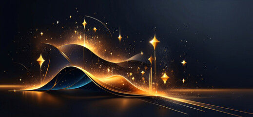 Black luxury background with gold ribbon elements and spotlight effect with glitter light decorations with bokeh.