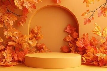 A serene autumn backdrop featuring vibrant orange leaves and a circular display stand, perfect for seasonal presentations.