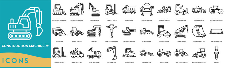 Construction Machinery icon. Bulldozer Equipment, Excavator Machine, Crane Vehicle, Forklift Truck and Dump Truck