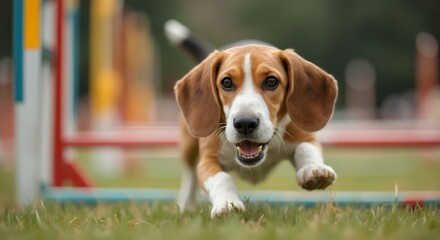Joyful leap, Beagle puppy bounds through grass with exuberance. An energetic Beagle puppy mid jump in a grassy field, capturing the pure joy and enthusiasm of young dogs at play.