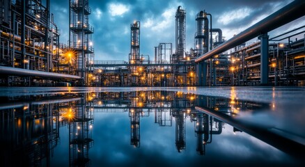 Fototapeta premium A gas storage facility with a reflection on the floor, surrounded 