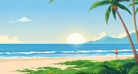 Obraz premium 2D Flat-Style Illustration of a Serene Beach Scene with Palm Trees, Sun, and Waves, Set Against a Plain Background with Generous Copy Space for Branding or Text