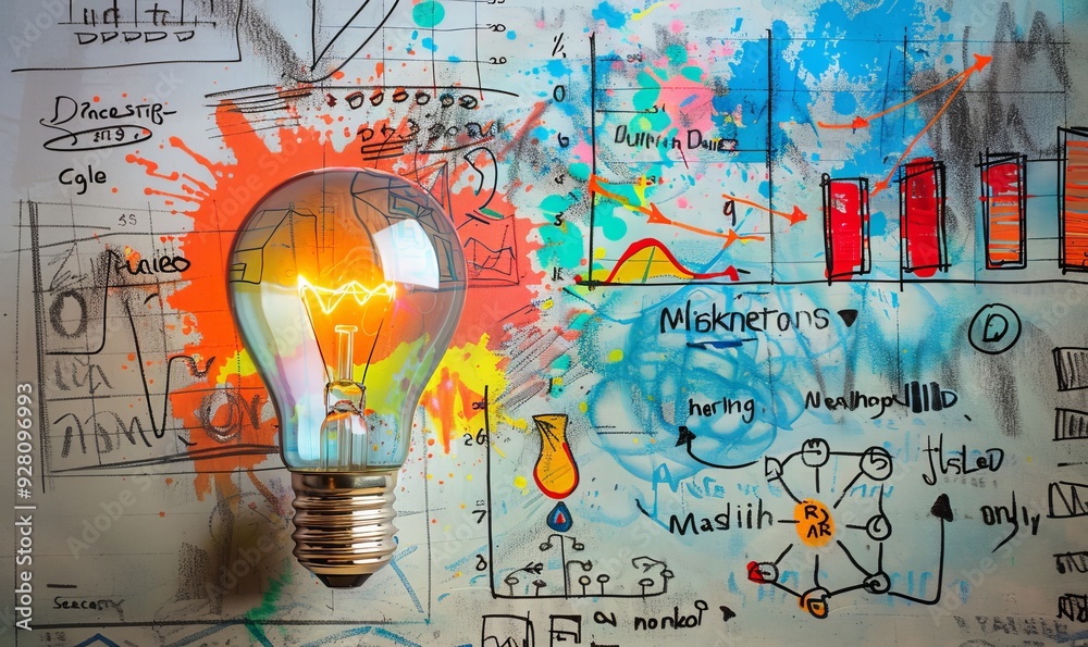 Poster glowing light bulb against a background of abstract doodles and charts