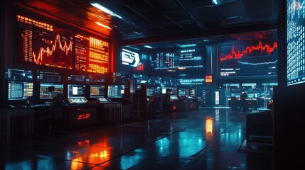 Fototapeta premium Futuristic Control Room with Red and Blue Lighting, Stock Market Data, and a Person Working at a Computer