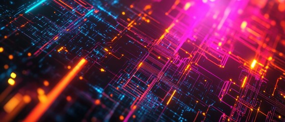 Obraz premium Abstract Neon Circuit Board Background with Glowing Lines and Dots.