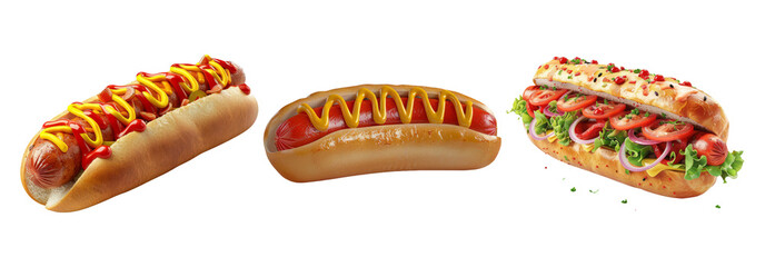 Hot dogs set isolated on transparent background with various toppings and condiments