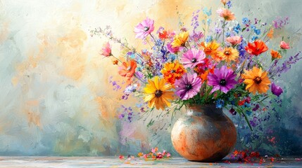 Vibrant watercolor bouquet of mixed wildflowers in a rustic vase.