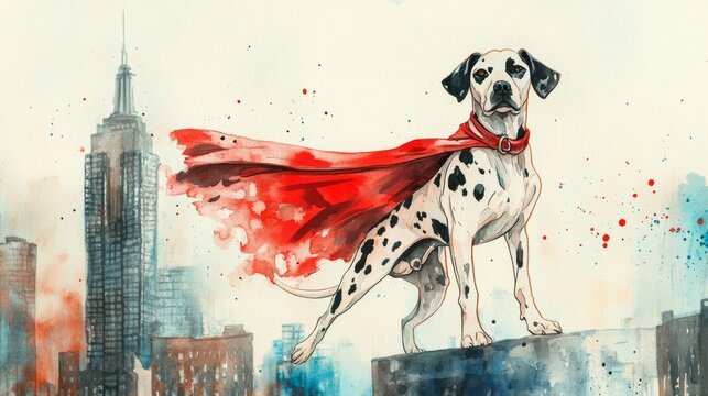 An artistic illustration of a heroic dog wearing a red cape against a city skyline, showcasing bravery and adventure.