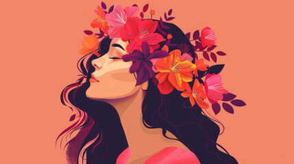 woman in floralcrown hippie 70s style modern minimal illustration