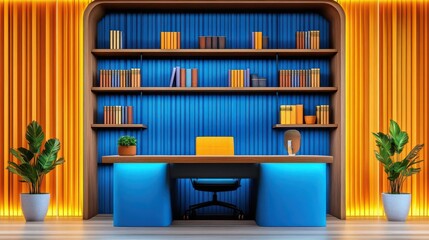 Elegant study room, balanced bookshelves and desk, warm lighting, 3D illustration