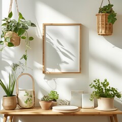 Mockup photo frame on brown bamboo shelf, hipster plant pots, white walls, modern Scandinavian room with floral concept.