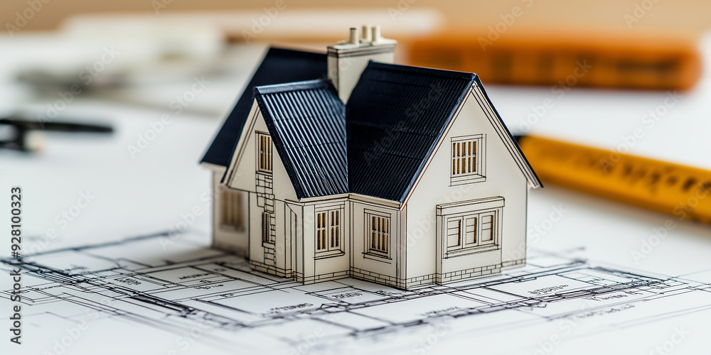 Fototapete architect designing project of house using model and blueprint