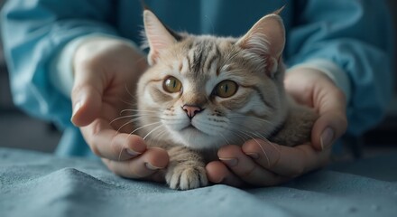 Gentle hands cradle content cat's face. A person's hands gently holding a cat's face, demonstrating the tender relationship between humans and their feline companions.