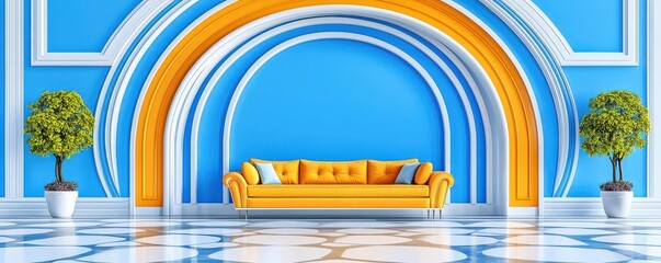 Fototapeta premium Art Deco living room, geometric patterns, symmetrical design, 3D illustration