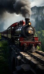 Fototapeta premium A beautiful old red locomotive with a long body passes through a picturesque landscape. This photo captures the train crossing an old bridge with lush forest and towering mountains in the background