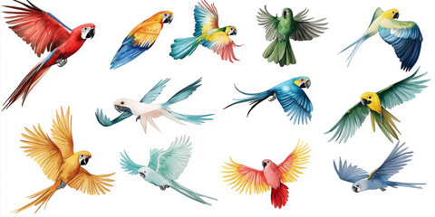 Fototapeta premium Colorful macaws and parrots flying gracefully in the air