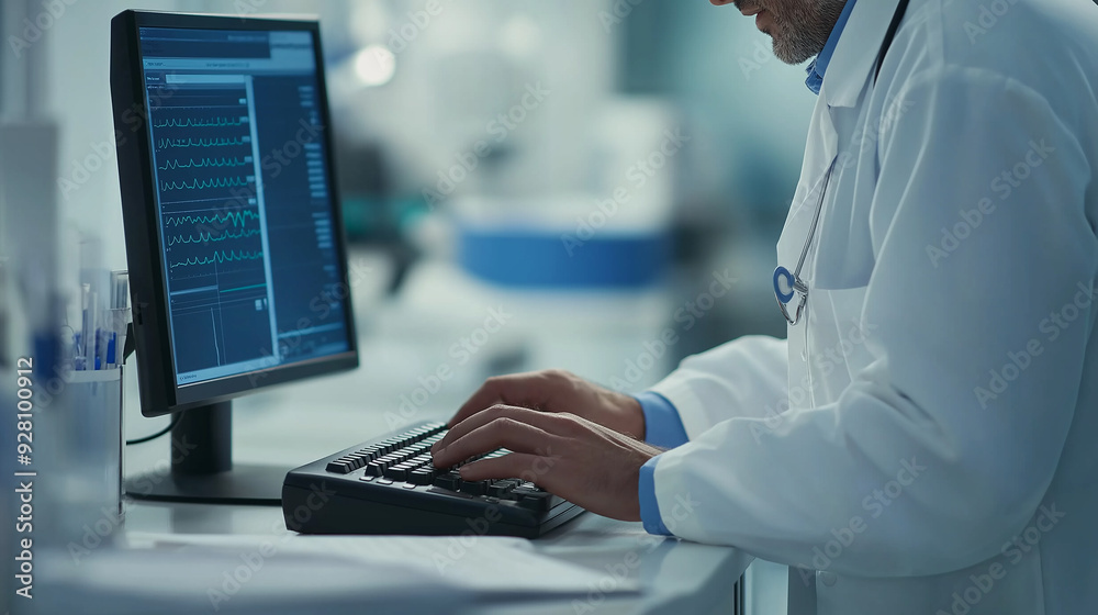 Poster Medical doctor analyzing data on computer in laboratory