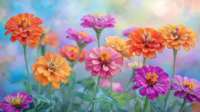 Watercolor zinnias in a field, with bright, bold colors.
