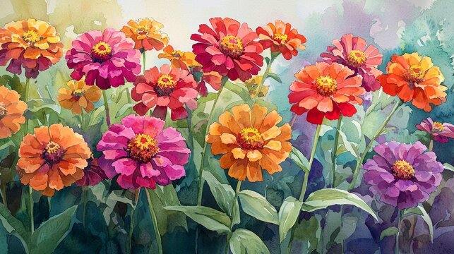 Watercolor zinnias in a summer garden, with bright, bold colors.