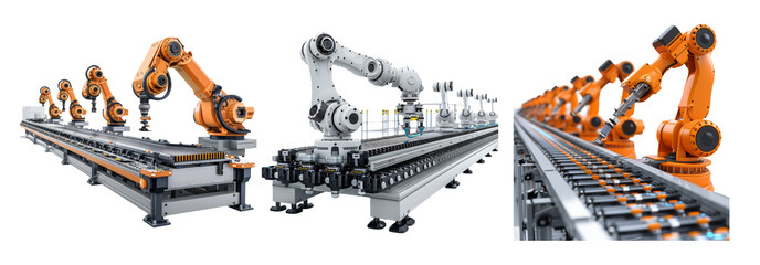 Industrial robotic arms in manufacturing assembly lines isolated on transparent background