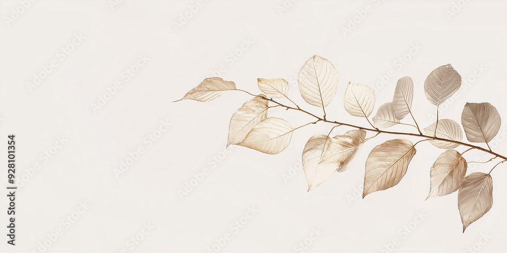 Poster Branch with dried leaves lying on white background