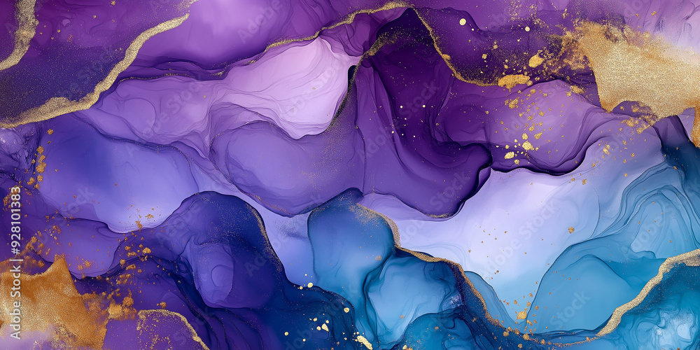Aufkleber abstract purple blue and gold alcohol ink pattern creating dynamic flowing background