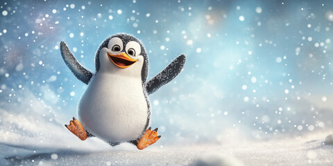 Happy penguin jumping and having fun in winter snowfall