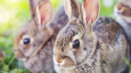 Naklejka premium Closeup shot of a group of cute fluffy baby rabbits in a natural eco friendly farm setting The young bunnies are surrounded by lush green grass and a serene tranquil outdoor environment
