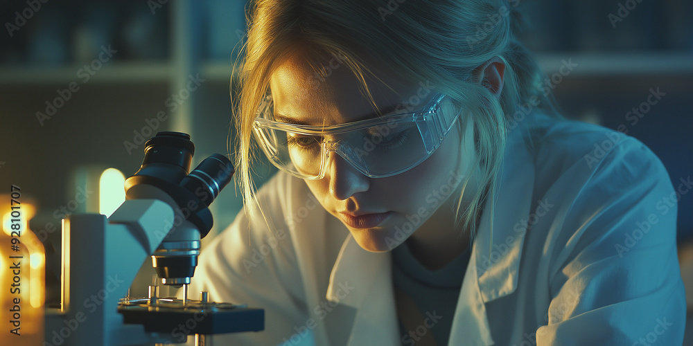 Aufkleber young scientist working with a microscope in a laboratory at night