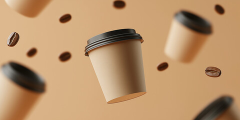 Many disposable coffee cups with lids floating with coffee beans