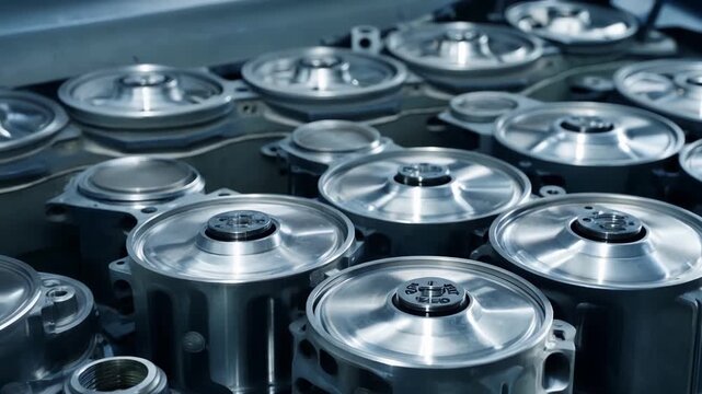 Brand new steel engine components with radial fins are neatly arranged on a workbench, glistening under bright factory lights
