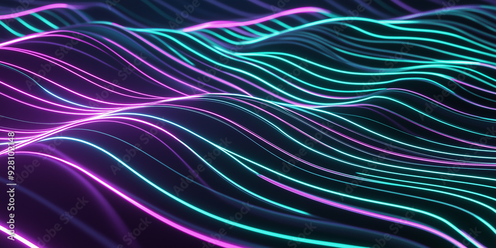 Poster Abstract neon glowing wavy lines flowing on dark background