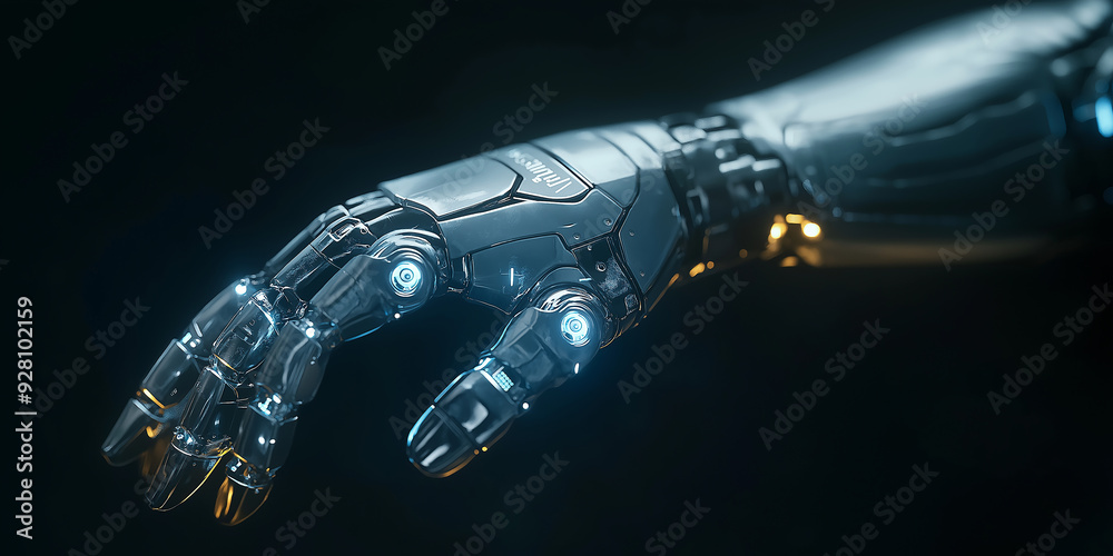 Poster modern robot hand reaching out with fingers spread on dark background
