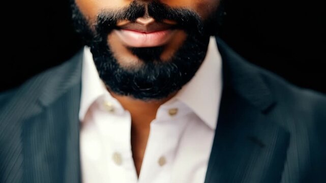 Close up of a man's face with a well maintained beard, highlighting the growing popularity of facial hair in professional settings