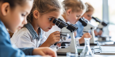 Group of elementary school students using microscopes during science class