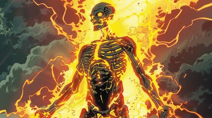 Dynamic skeleton emerging from fiery energy, symbolizing strength and resilience amidst chaos.