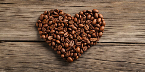 Heart shape made of coffee beans on rustic wooden background