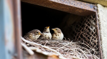 Naklejka premium Birds Nest Removal from Clogged Duct Service: A Visual Depiction of a Professional Service Removing a Bird's Nest from a Clogged Duct.