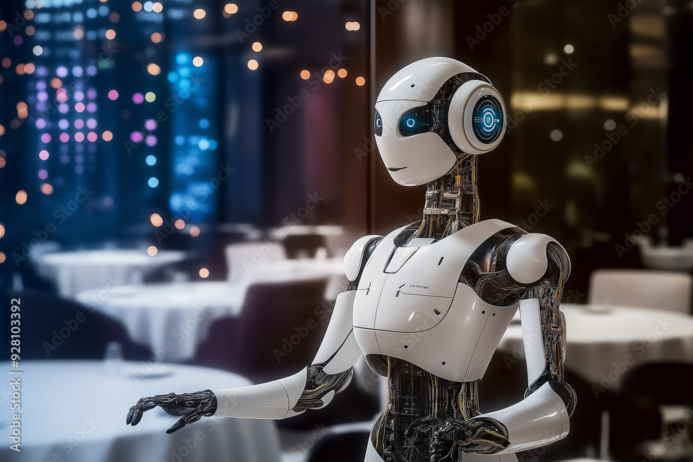 Poster humanoid robot working as a waiter in a restaurant