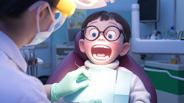 Cartoon boy with wide open mouth having dental check up by dentist