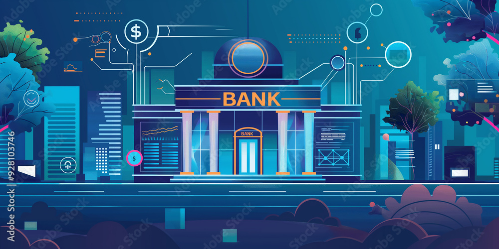 Poster bank building facade with glowing digital data information flow